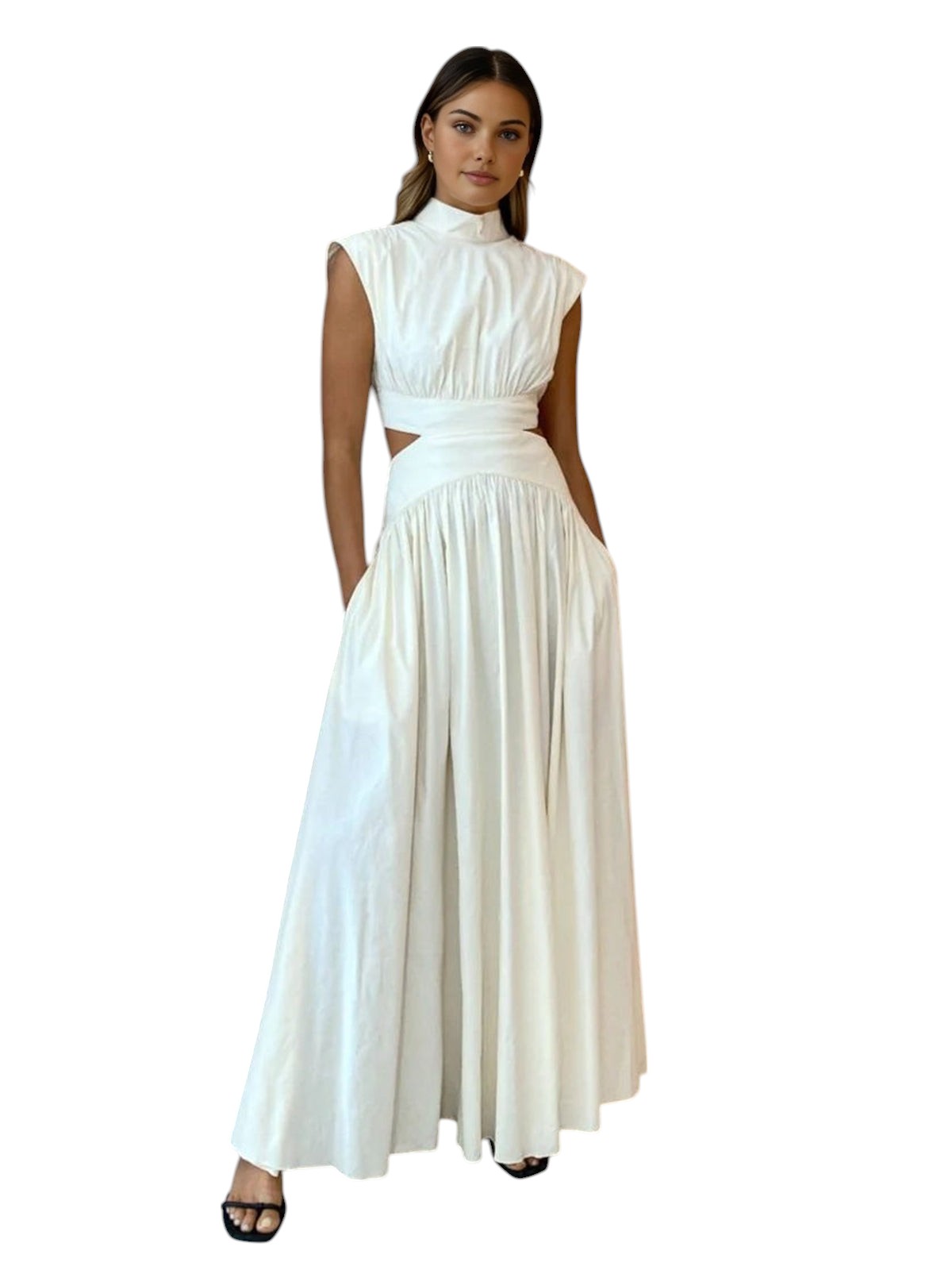 Mathilde - Elegant Drapperet Maxikjole med Høj Hals og Cutout Detaljer