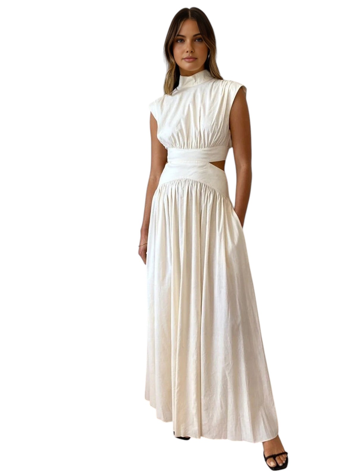 Mathilde - Elegant Drapperet Maxikjole med Høj Hals og Cutout Detaljer