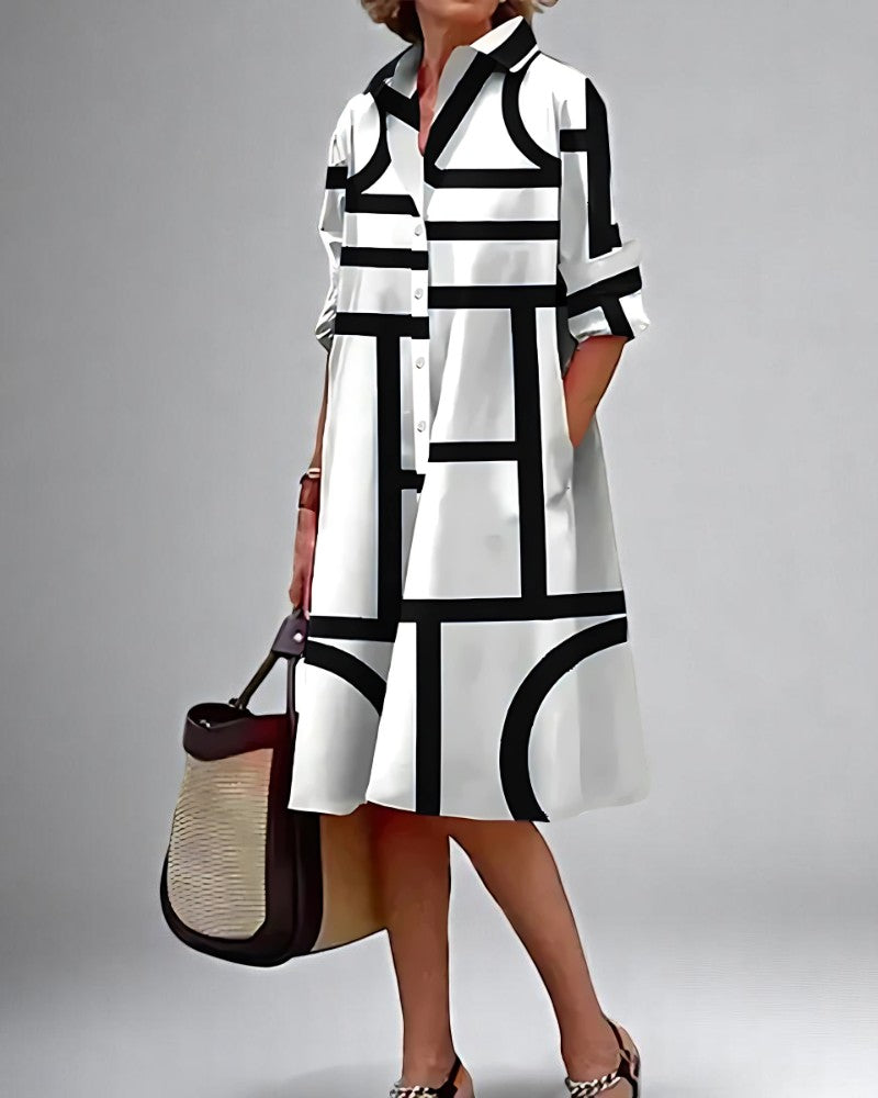 Sophia | Dame Geometrisk Kjole Med Lommer | Praktisk