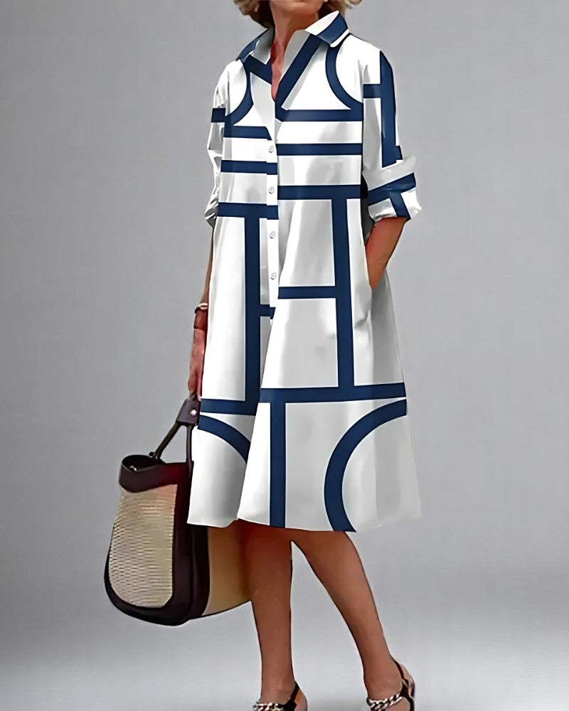 Sophia | Dame Geometrisk Kjole Med Lommer | Praktisk