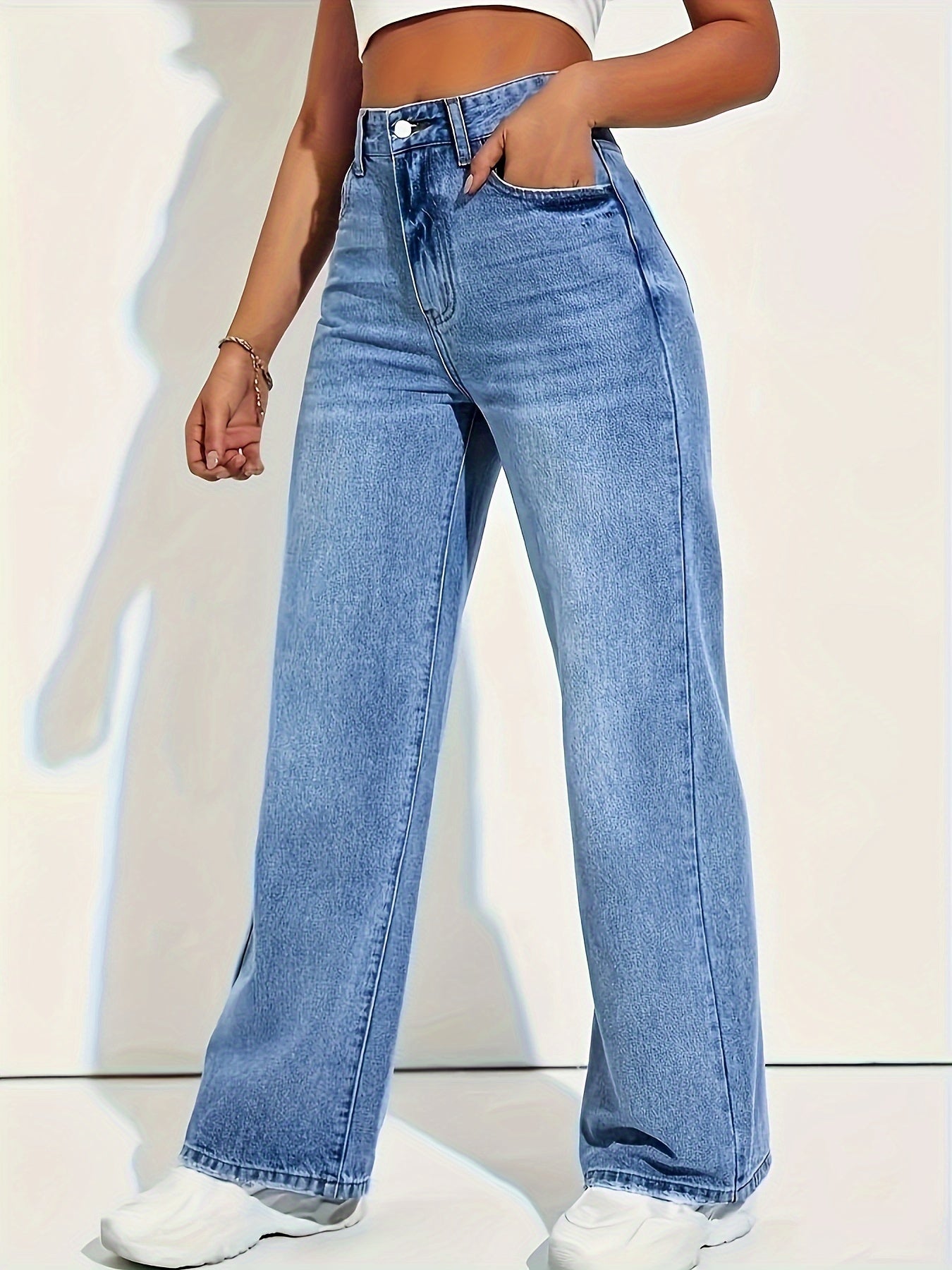 Baggy Dame Jeans Med Høj Talje Og Lige Ben | Letvægtsdesign