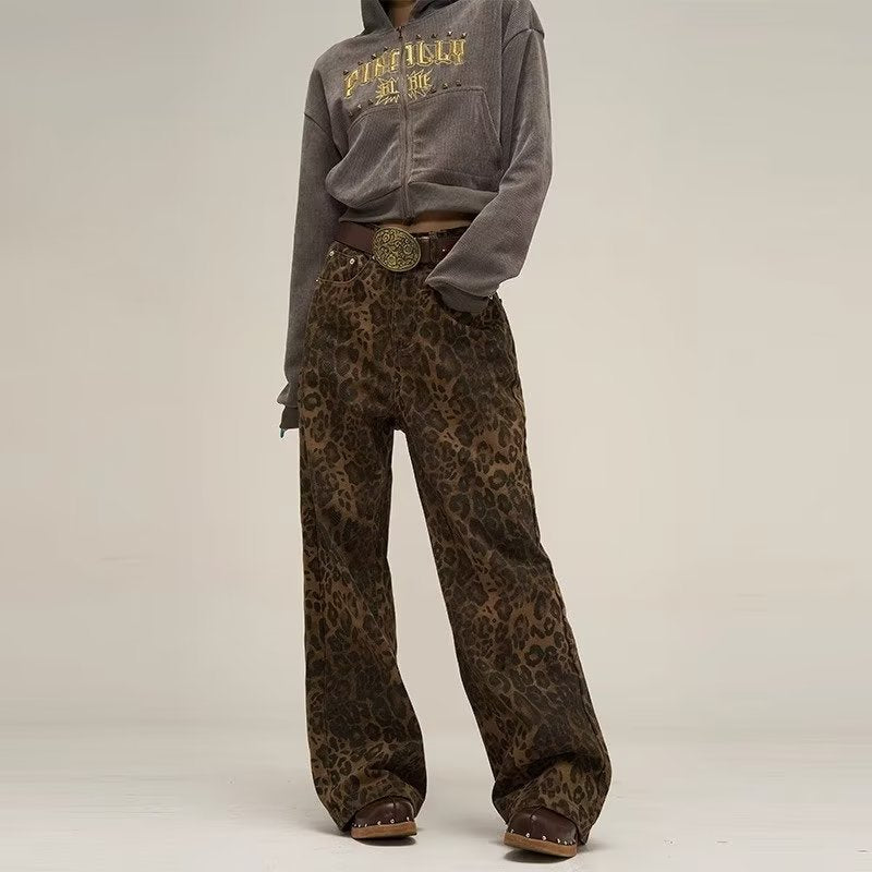 Dame Baggy Jeans Med Leopardmønster Og Vidde | Trendy Look