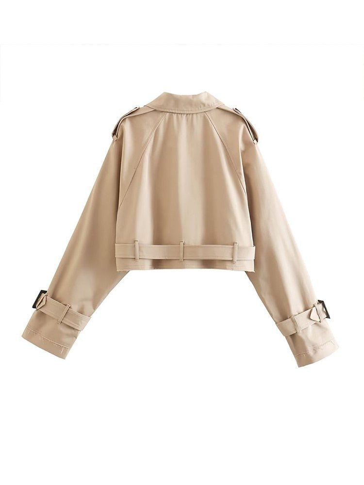 Dame Beige Overgangsjakke Kort Med Bælte & Knapper