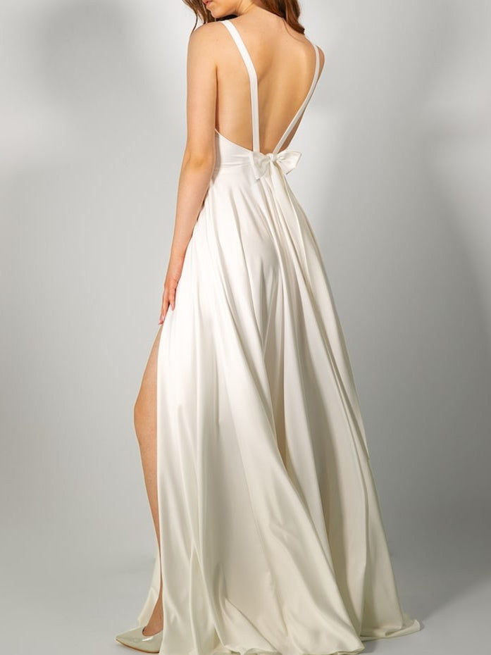 Dame Brudekjole Maxi Satin Med V-Hals