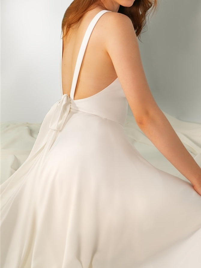 Dame Brudekjole Maxi Satin Med V-Hals
