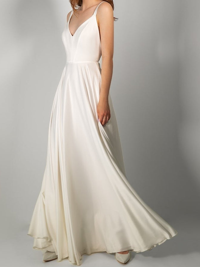 Dame Brudekjole Maxi Satin Med V-Hals