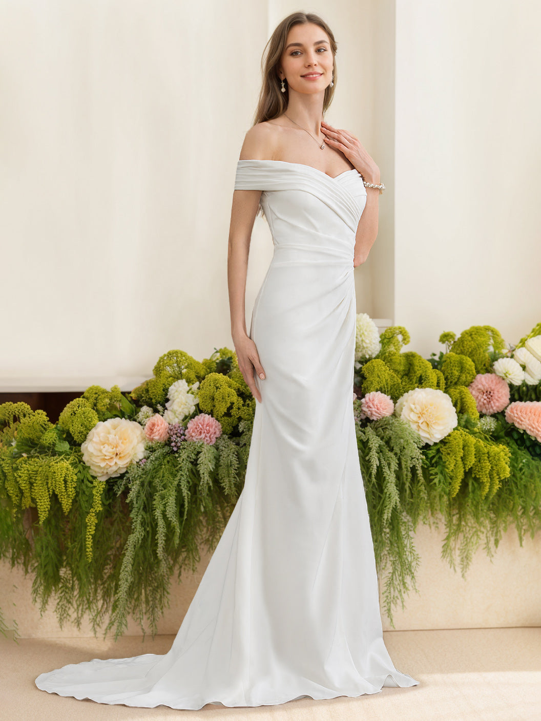 Dame Brudekjole Med Off-Shoulder & Drapering