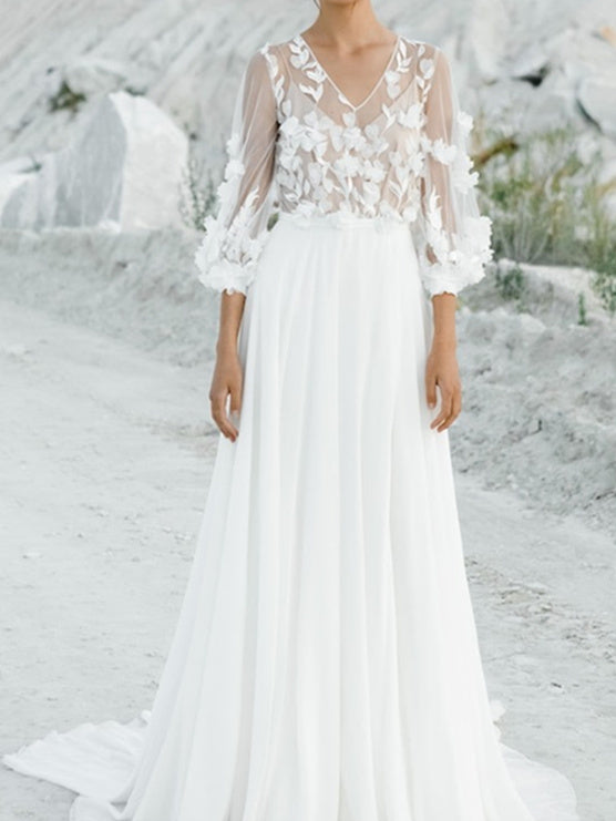 Dame Brudekjole Med V-Hals & 3D Blomster