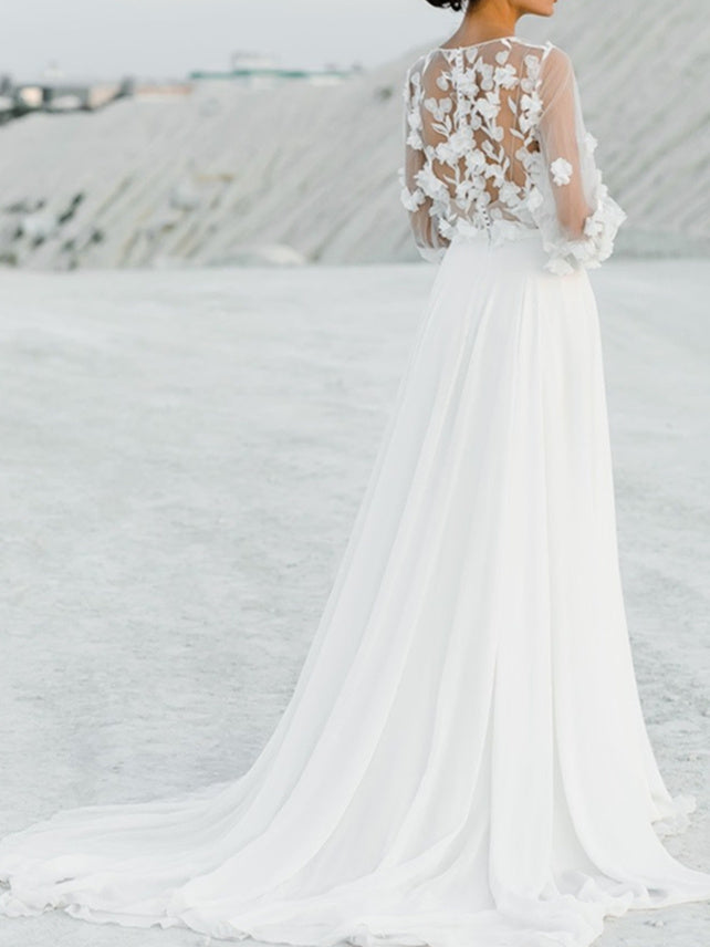 Dame Brudekjole Med V-Hals & 3D Blomster