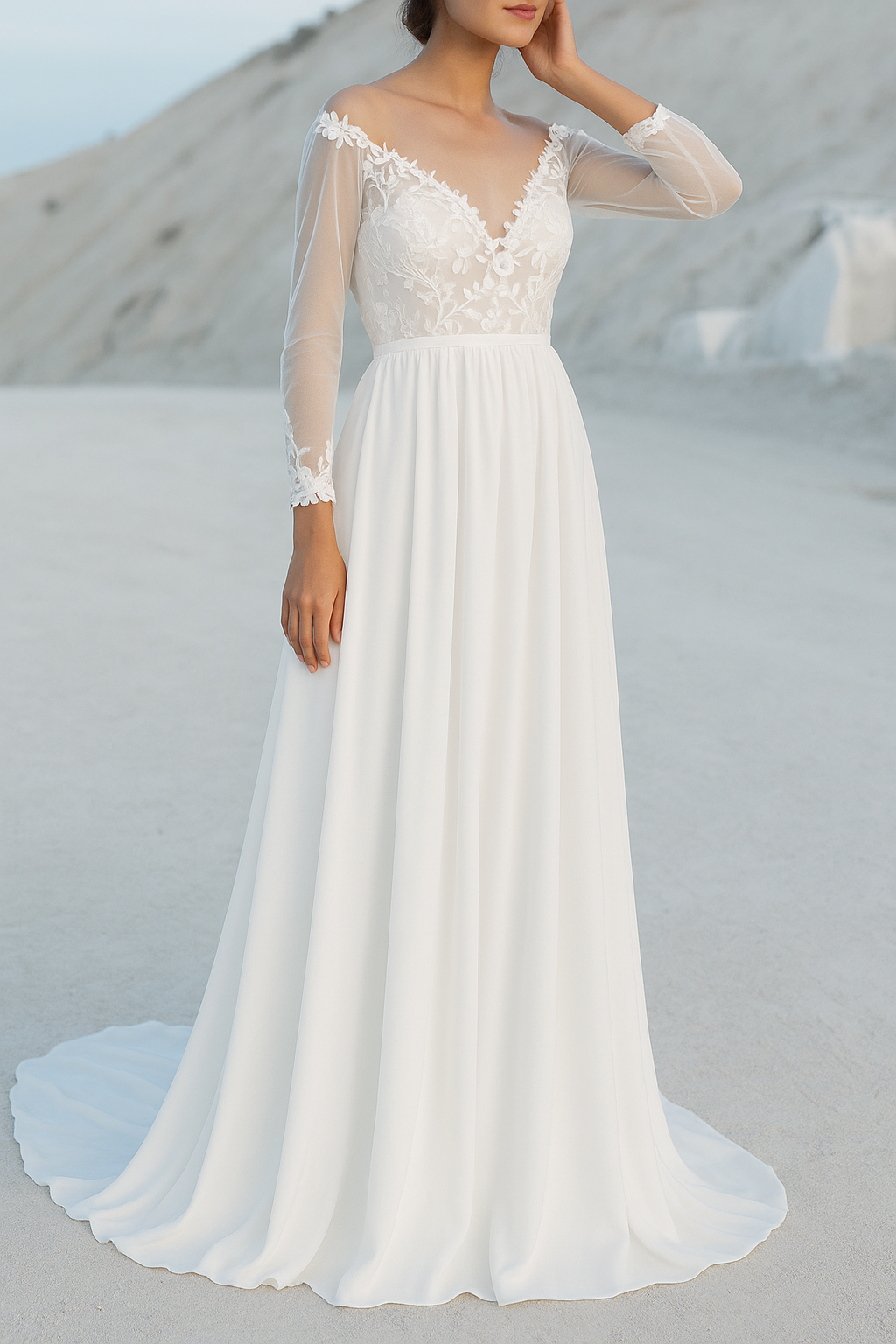 Dame Brudekjole Med V-Hals & 3D Blomster