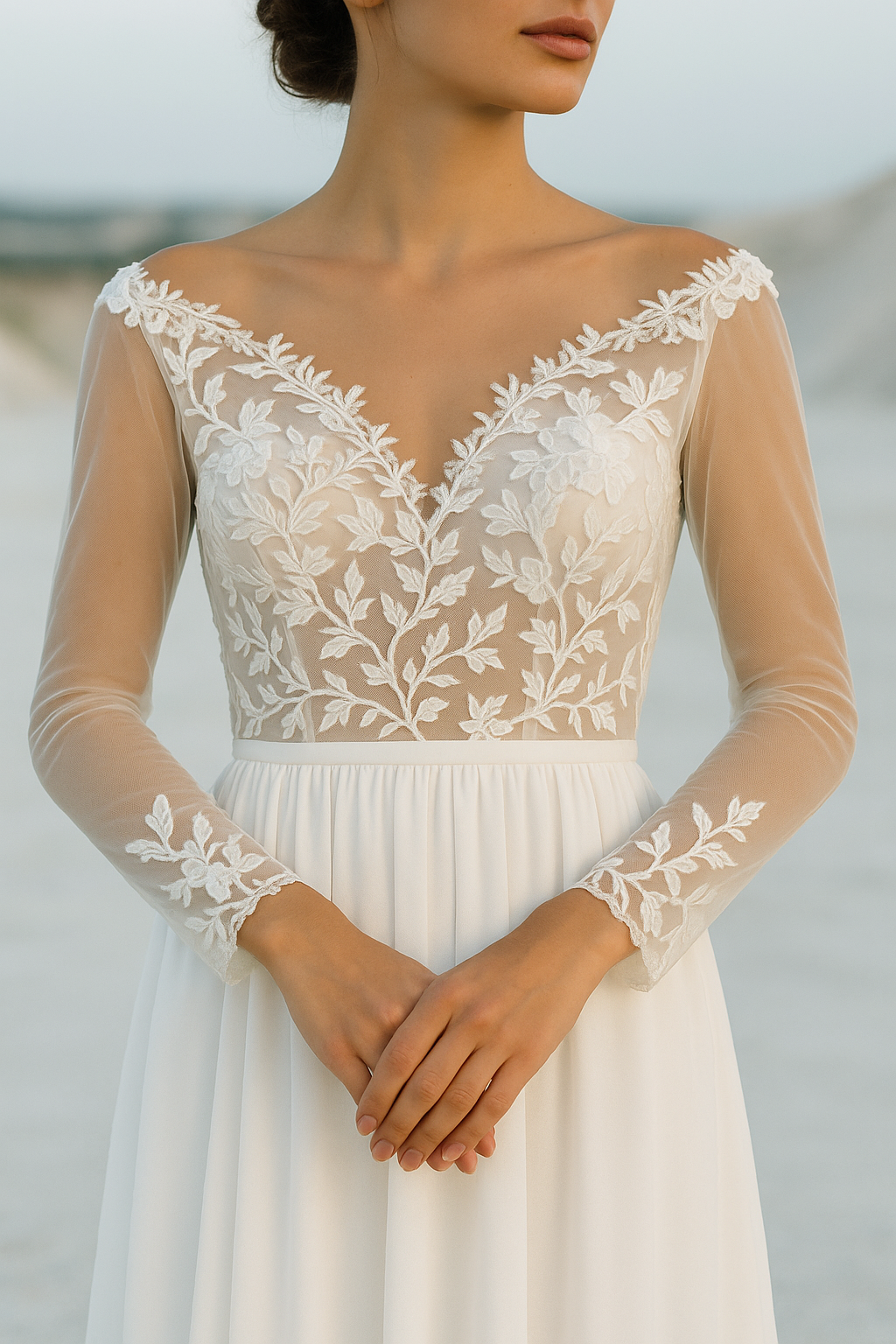 Dame Brudekjole Med V-Hals & 3D Blomster