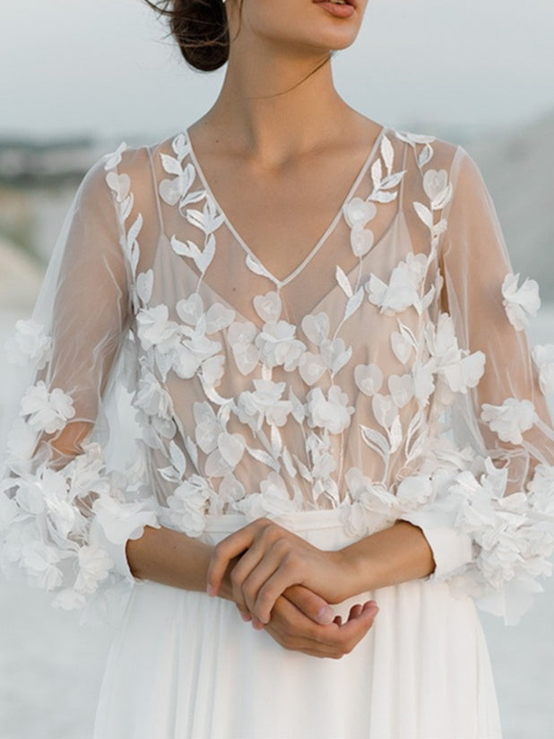 Dame Brudekjole Med V-Hals & 3D Blomster