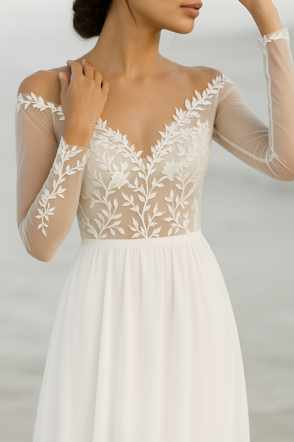 Dame Brudekjole Med V-Hals & 3D Blomster