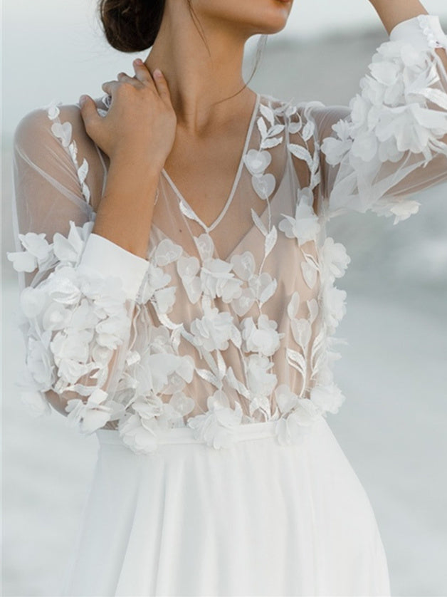 Dame Brudekjole Med V-Hals & 3D Blomster