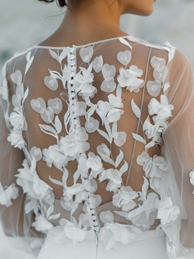 Dame Brudekjole Med V-Hals & 3D Blomster