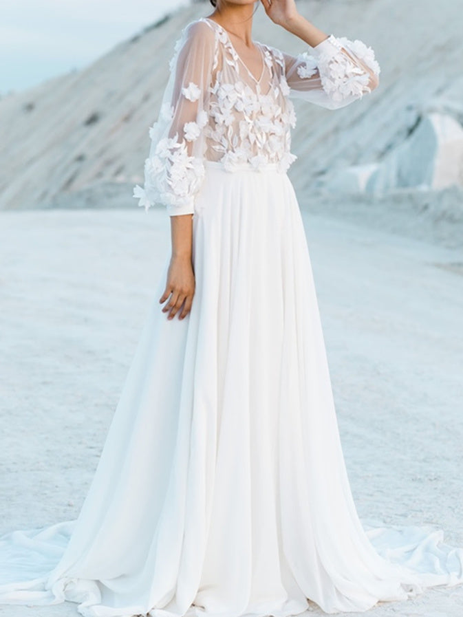 Dame Brudekjole Med V-Hals & 3D Blomster