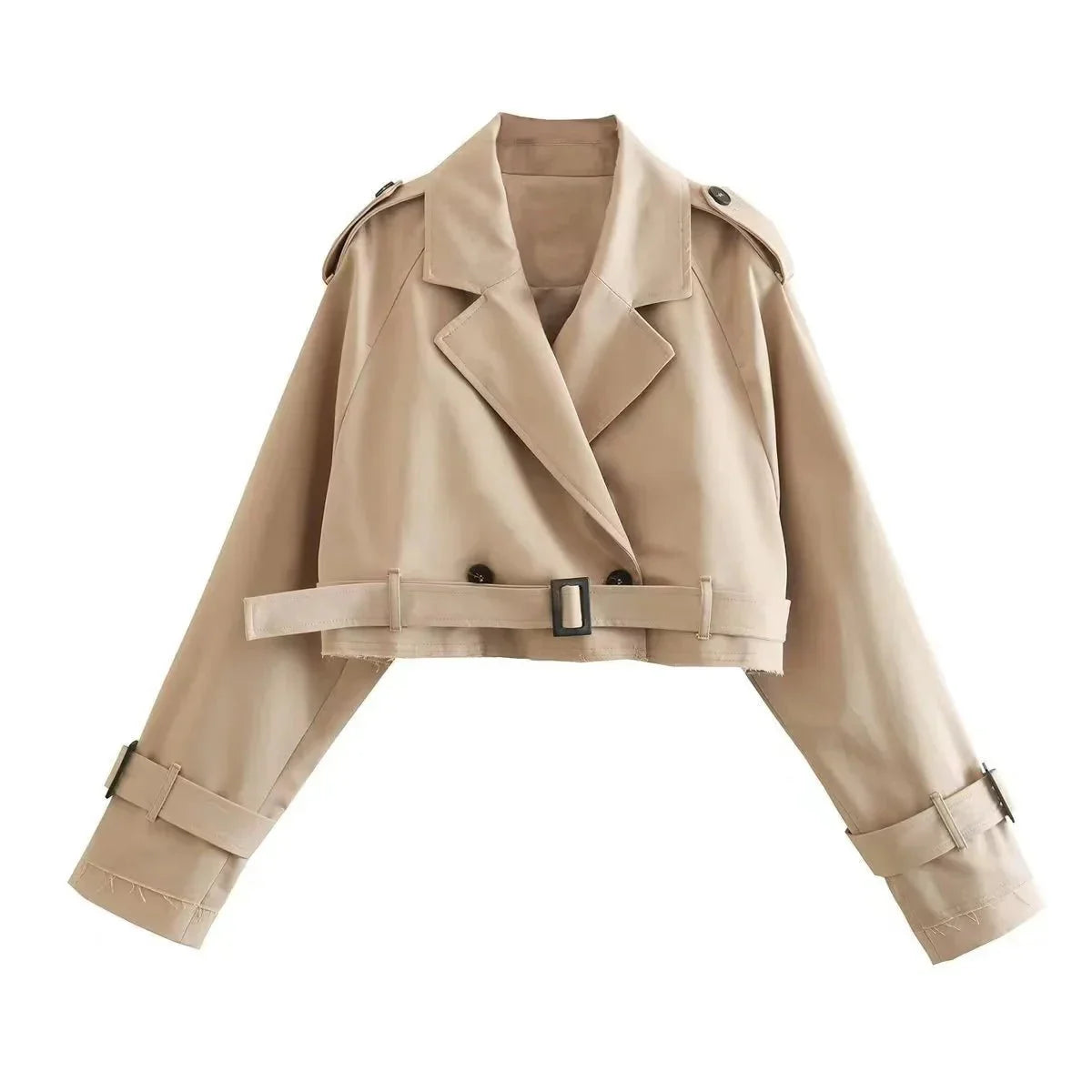 Dame Cropped Trenchcoat Med Bælte & Dobbeltknap