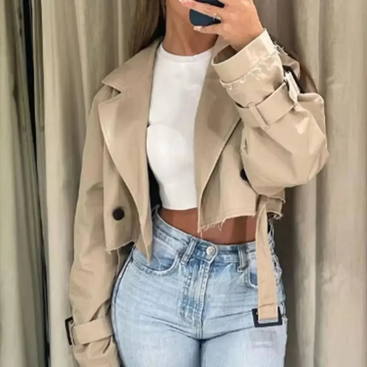 Dame Cropped Trenchcoat Med Bælte & Dobbeltknap