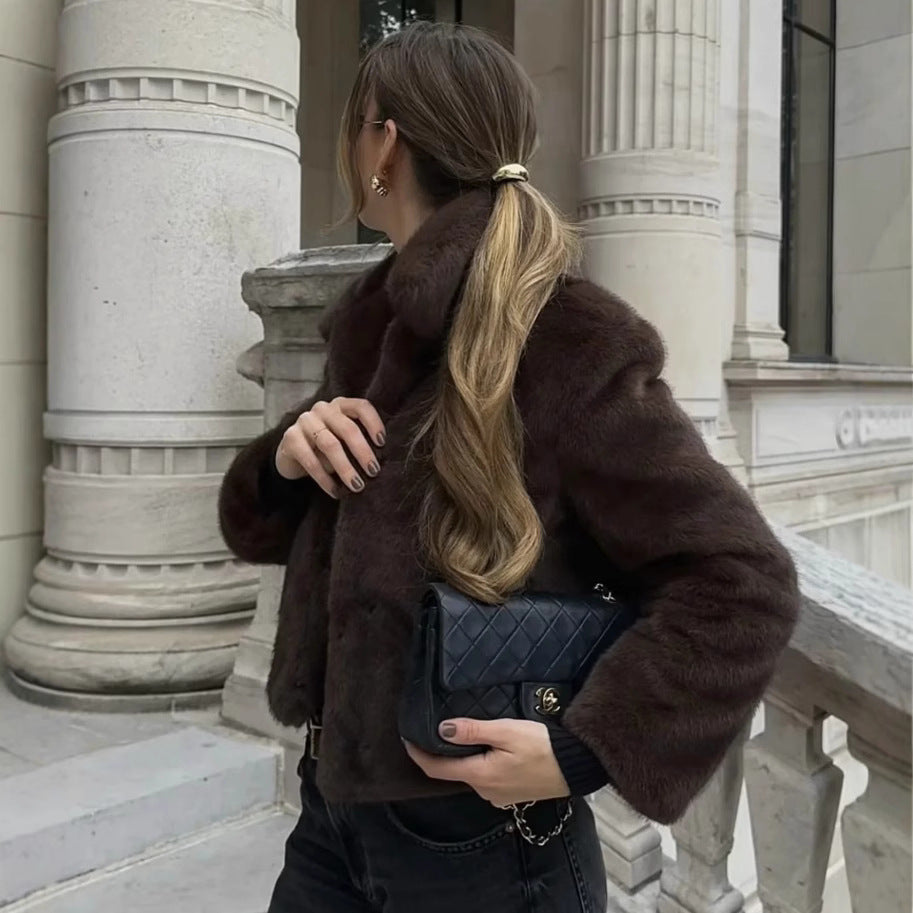 Dame Fake fur-frakker Med Krave | Brun Pelslook