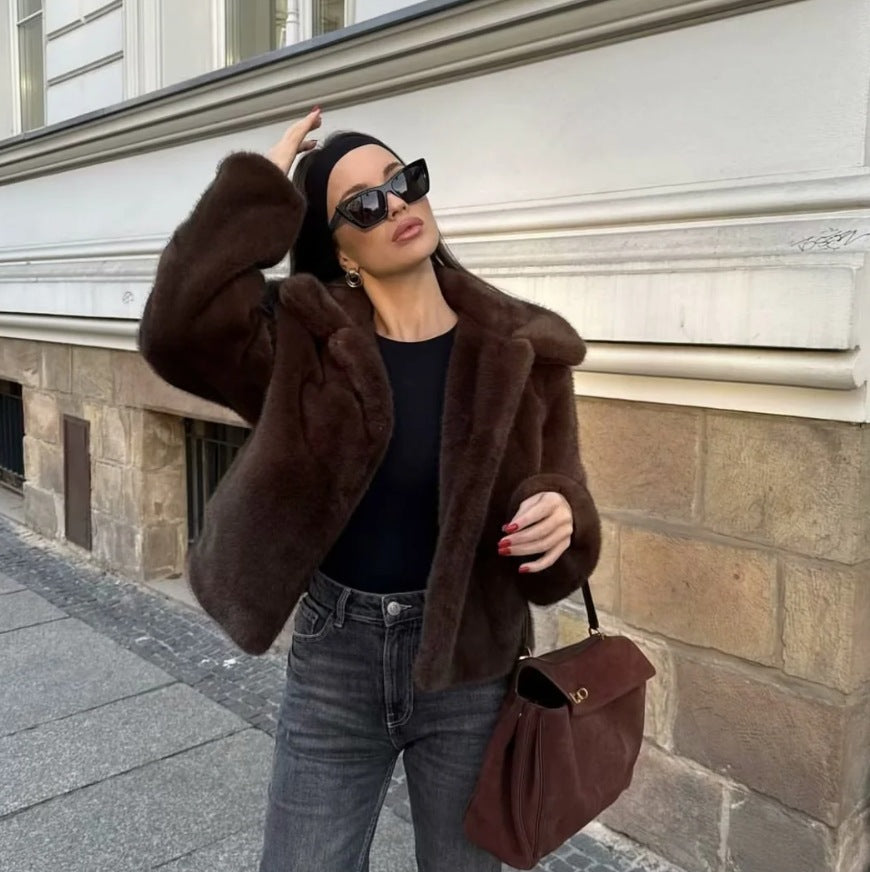 Dame Fake fur-frakker Med Krave | Brun Pelslook