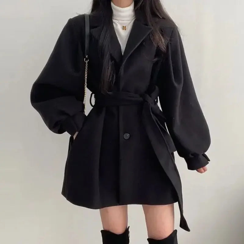 Dame Kort Trenchcoat Med Bælte & Ballonærmer
