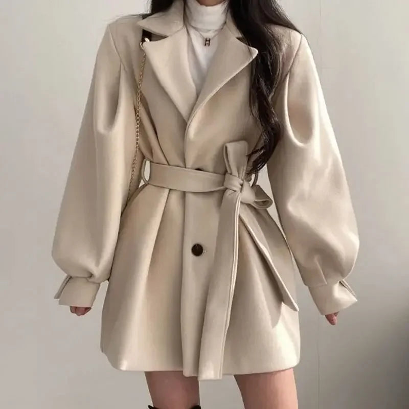 Dame Kort Trenchcoat Med Bælte & Ballonærmer