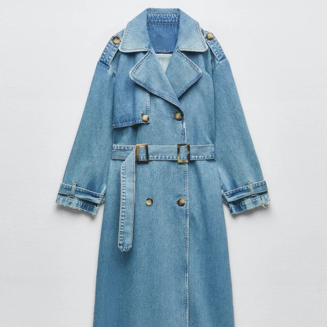 Dame Lang Denim Trenchcoat Med Dobbeltknap