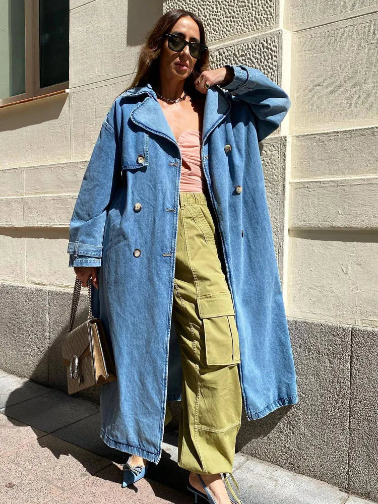 Dame Lang Denim Trenchcoat Med Dobbeltknap