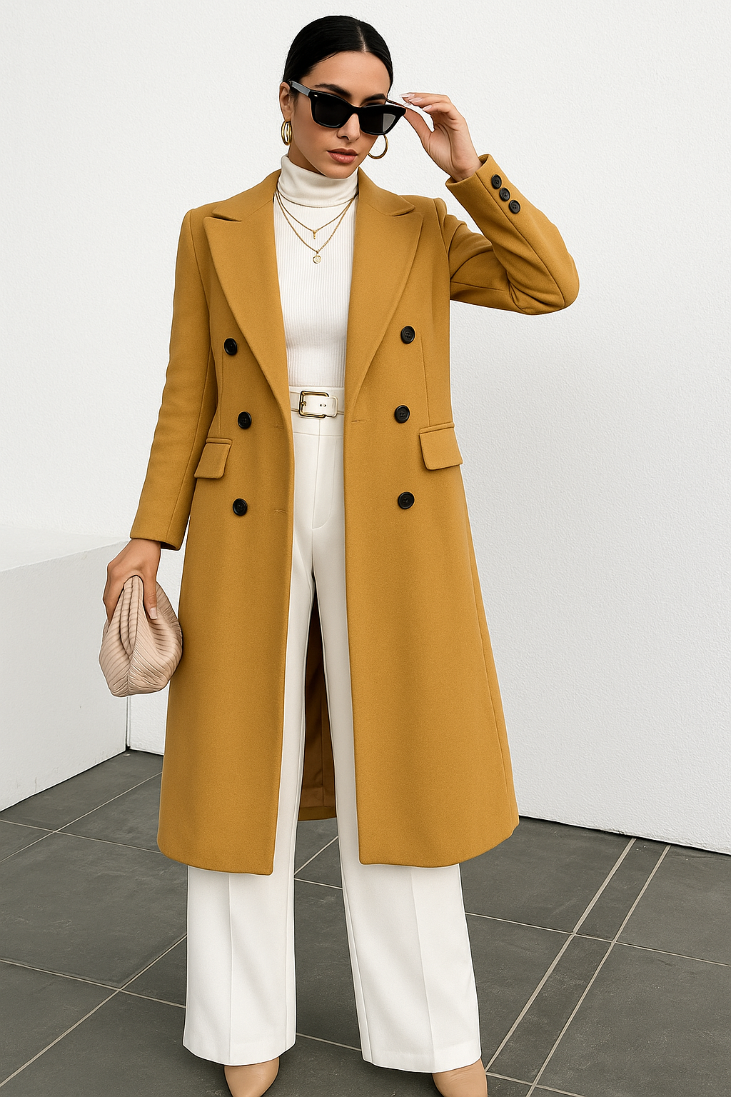 Dame Lang Dobbelt­radet Frakke | Klassisk