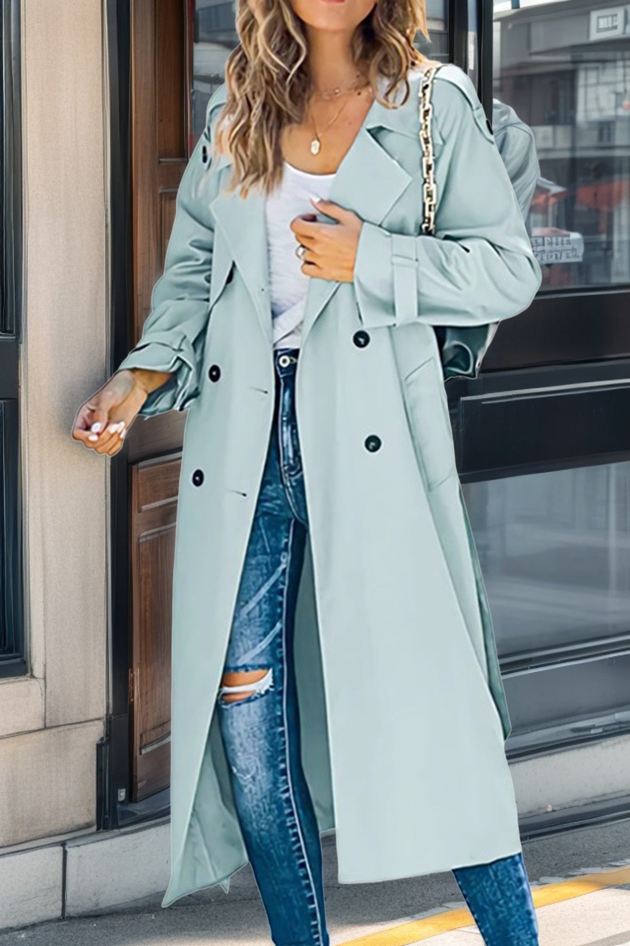 Dame Lang Trenchcoat Med Dobbeltknap & Reverskrave