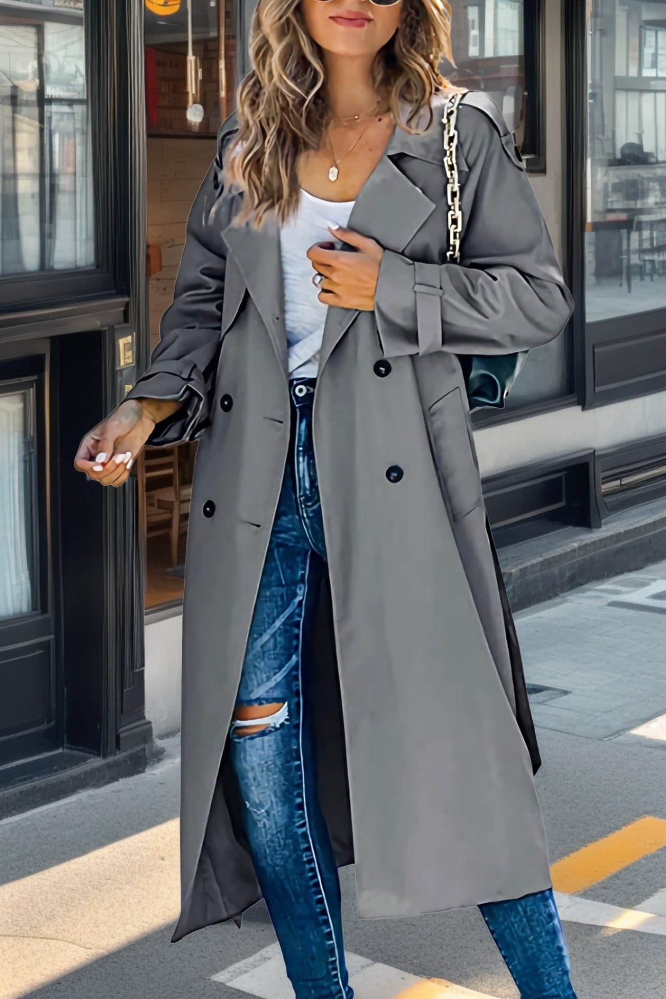 Dame Lang Trenchcoat Med Dobbeltknap & Reverskrave