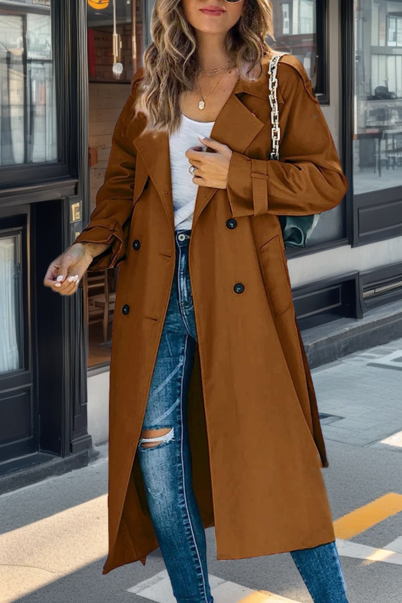Dame Lang Trenchcoat Med Dobbeltknap & Reverskrave