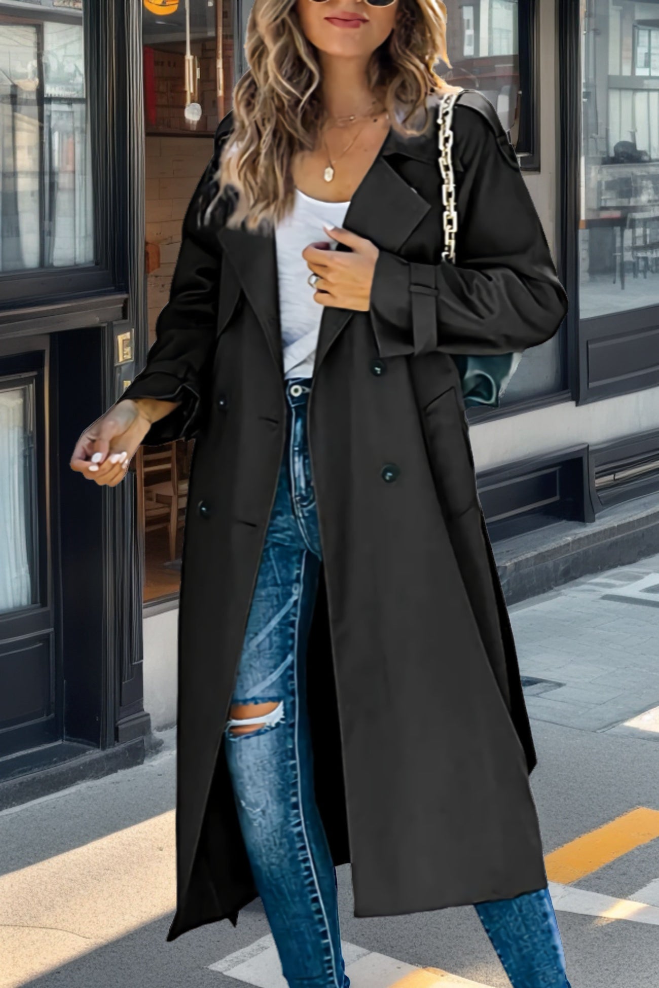 Dame Lang Trenchcoat Med Dobbeltknap & Reverskrave