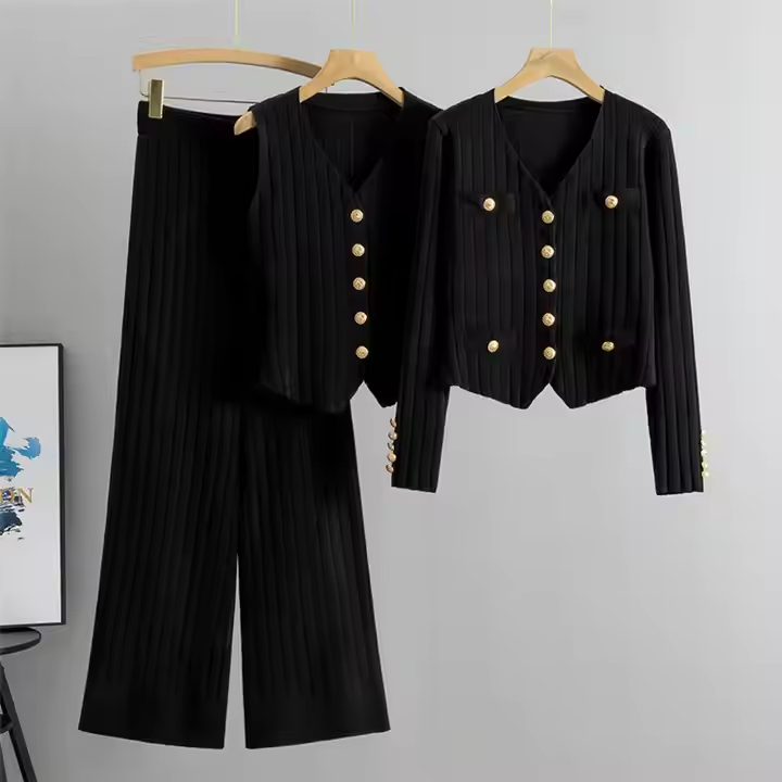 Dame Outfit Sæt Med Strik Vest | Rib & Knapper