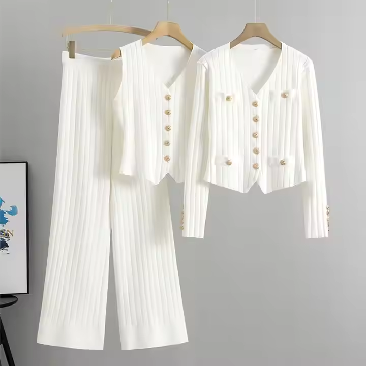 Dame Outfit Sæt Med Strik Vest | Rib & Knapper