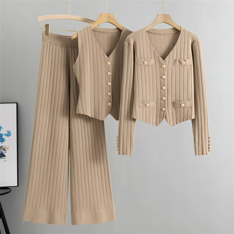 Dame Outfit Sæt Med Strik Vest | Rib & Knapper