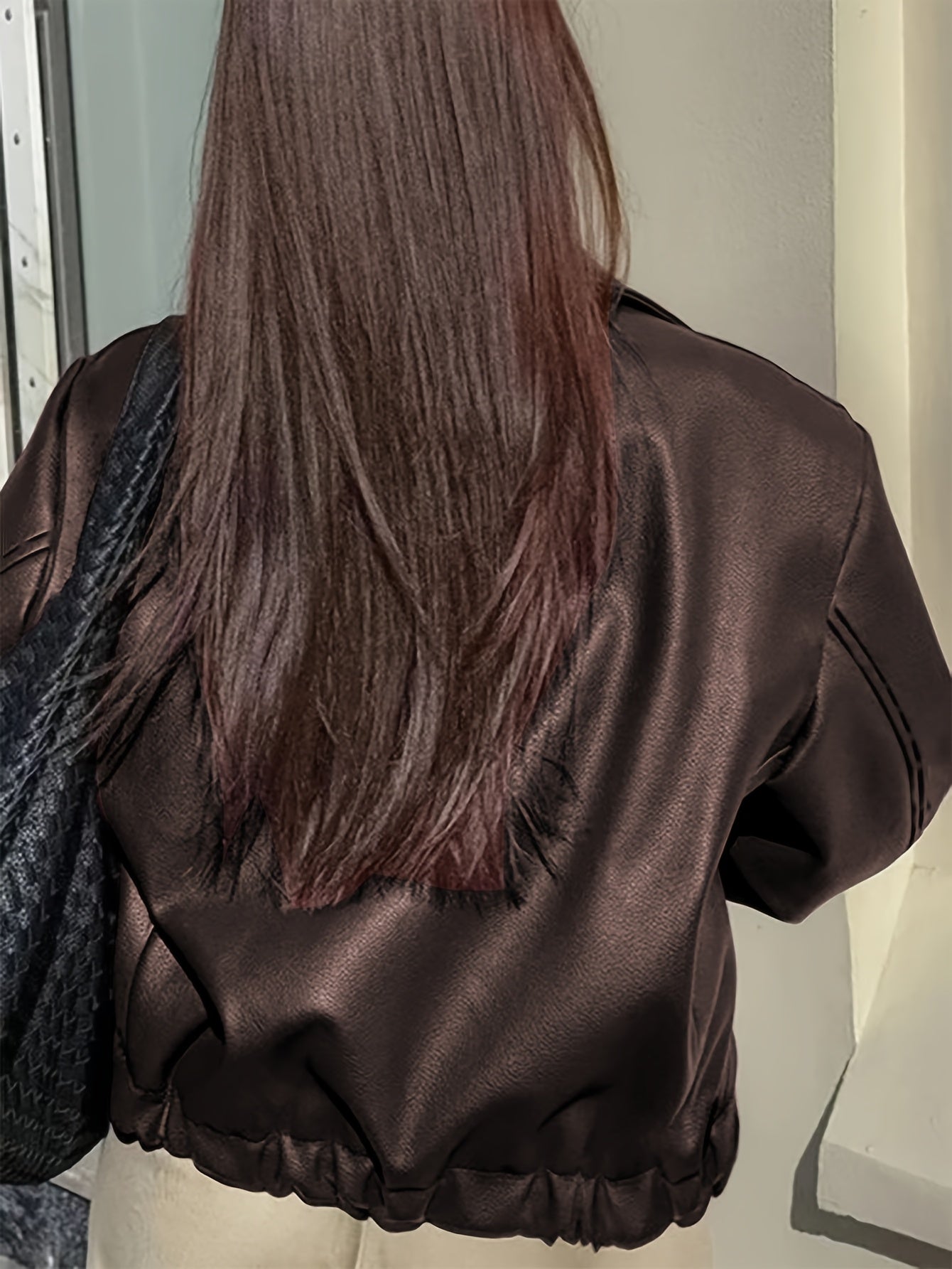 Dame Overgangsjakke Læderlook Med Lynlås & Krave