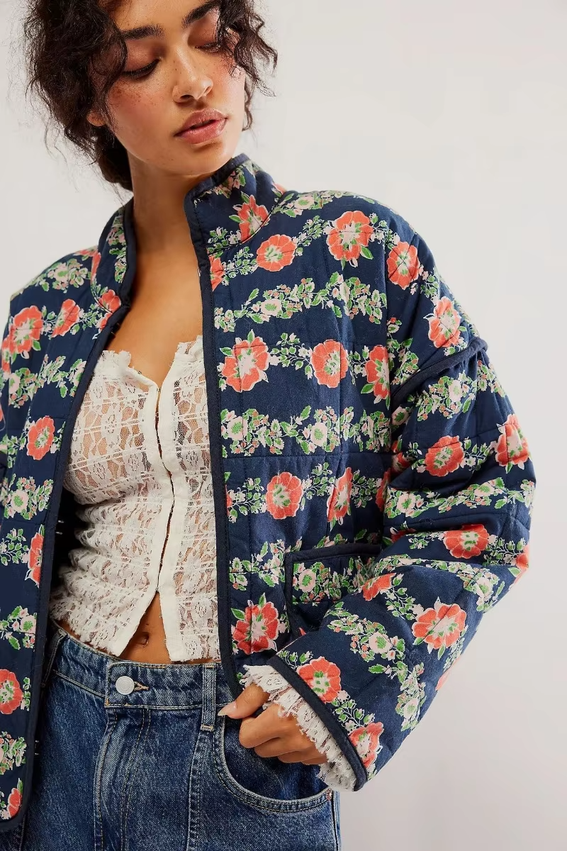 Dame Overgangsjakke Med Blomstermønster & Knapper | Casual