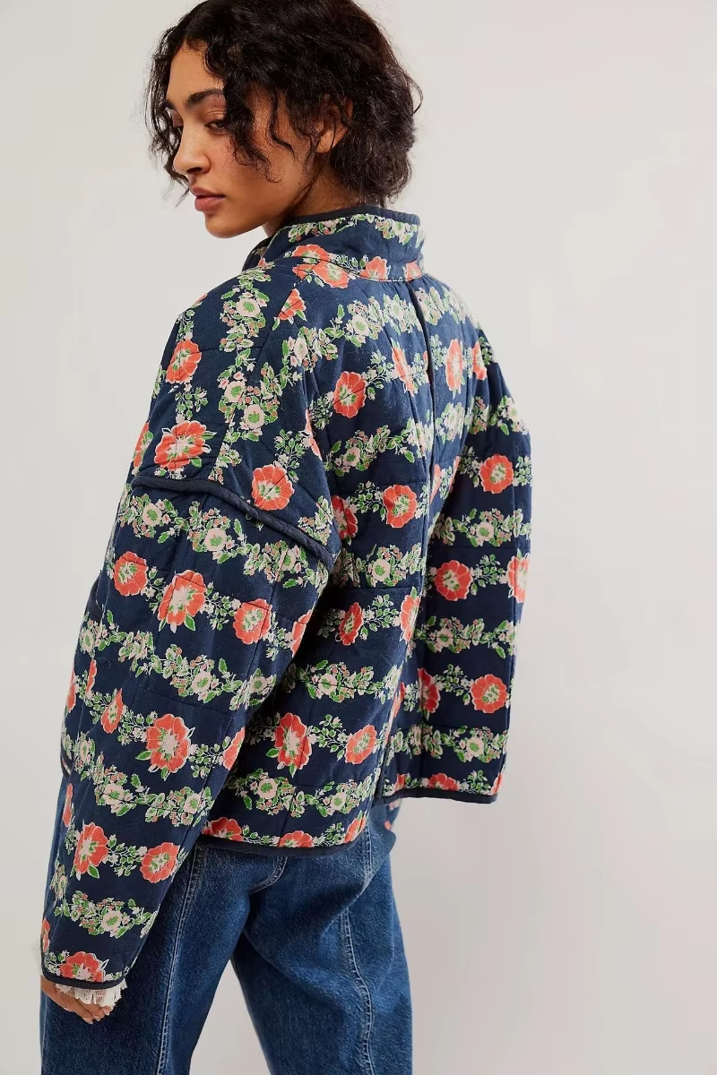 Dame Overgangsjakke Med Blomstermønster & Knapper | Casual
