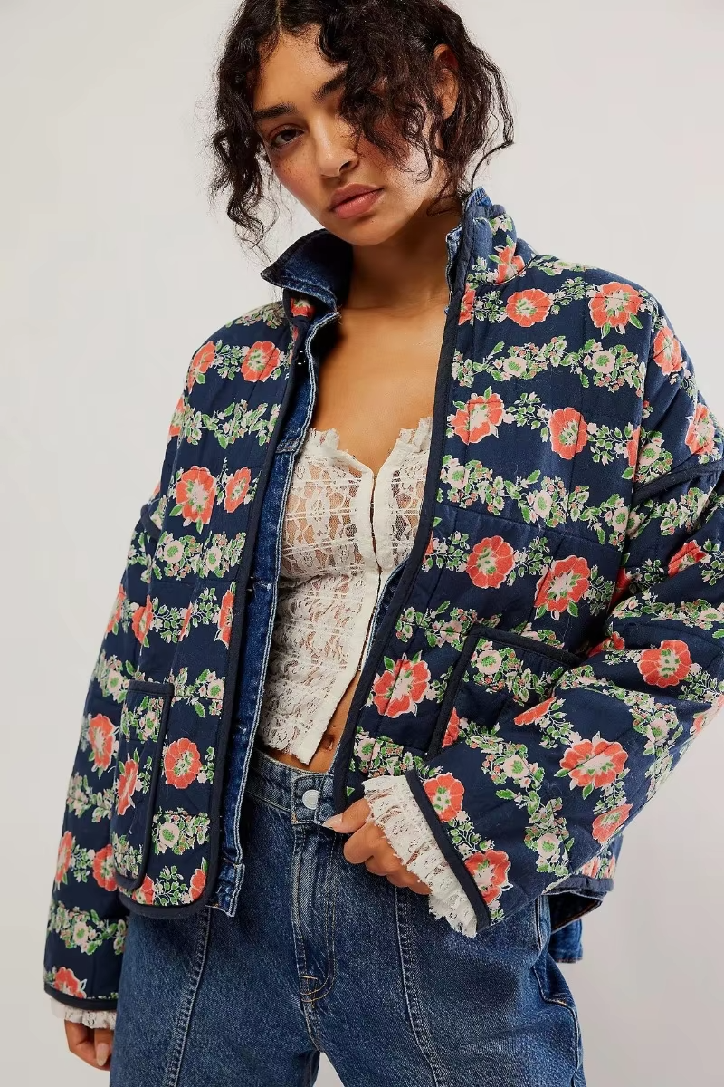 Dame Overgangsjakke Med Blomstermønster & Knapper | Casual