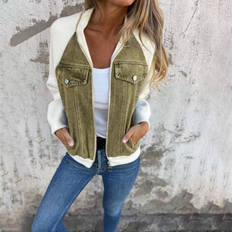 Dame Overgangsjakke Med Denimfront & Lynlås