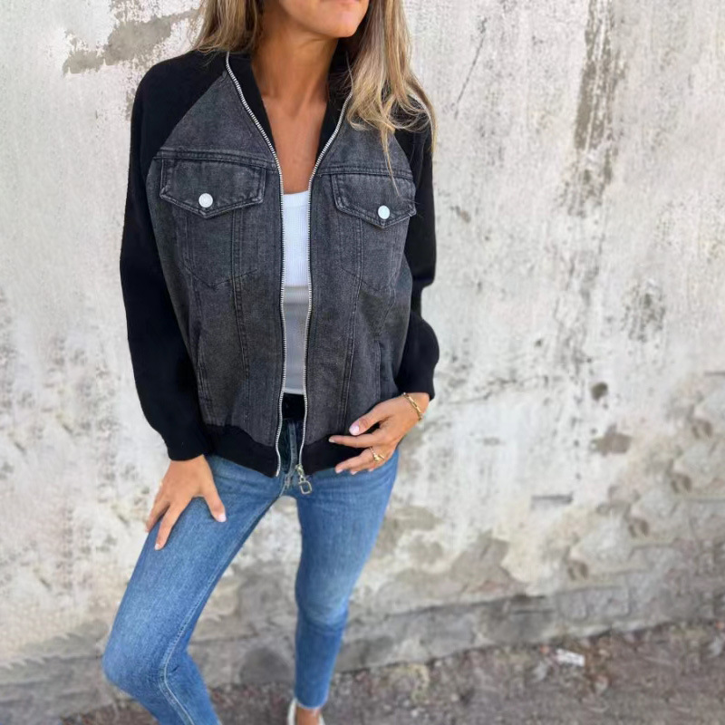 Dame Overgangsjakke Med Denimfront & Lynlås