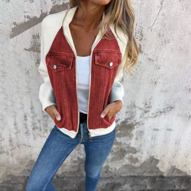 Dame Overgangsjakke Med Denimfront & Lynlås