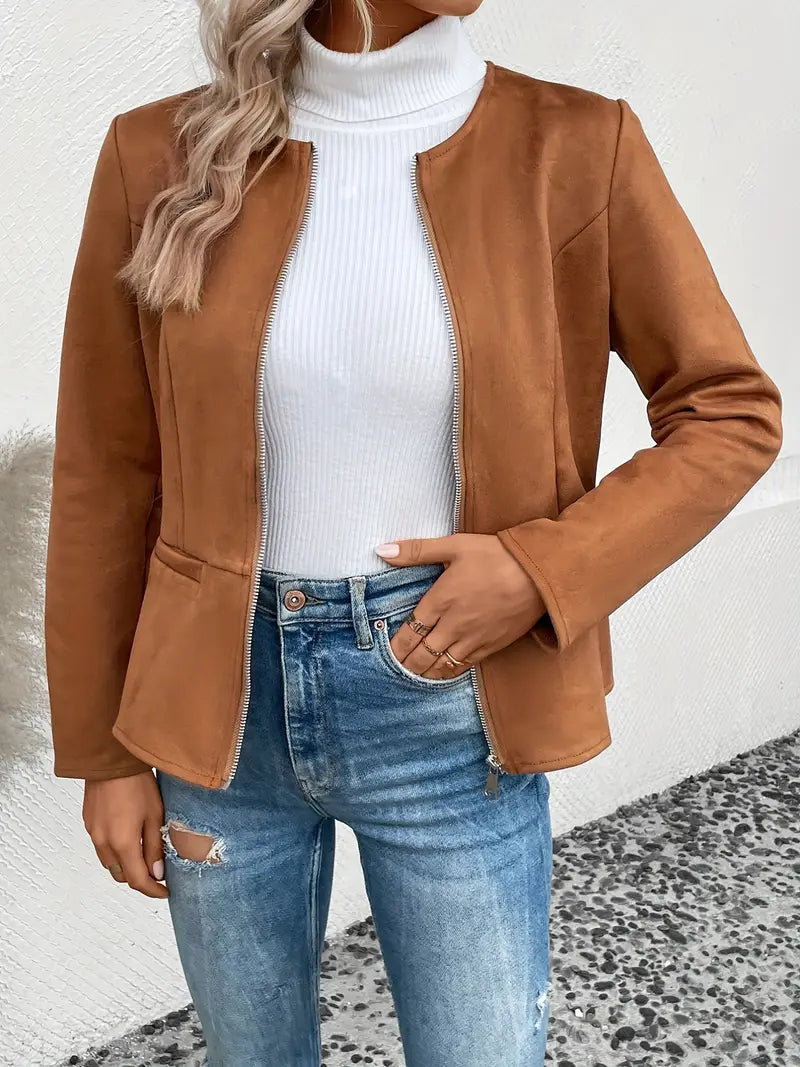 Dame Overgangsjakke Slim Fit Med Lynlås & Crew Neck
