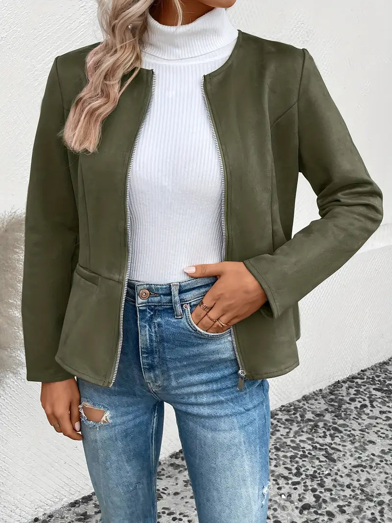 Dame Overgangsjakke Slim Fit Med Lynlås & Crew Neck