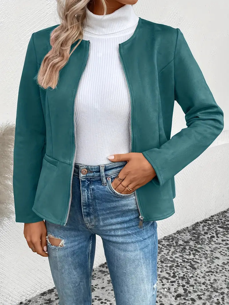Dame Overgangsjakke Slim Fit Med Lynlås & Crew Neck