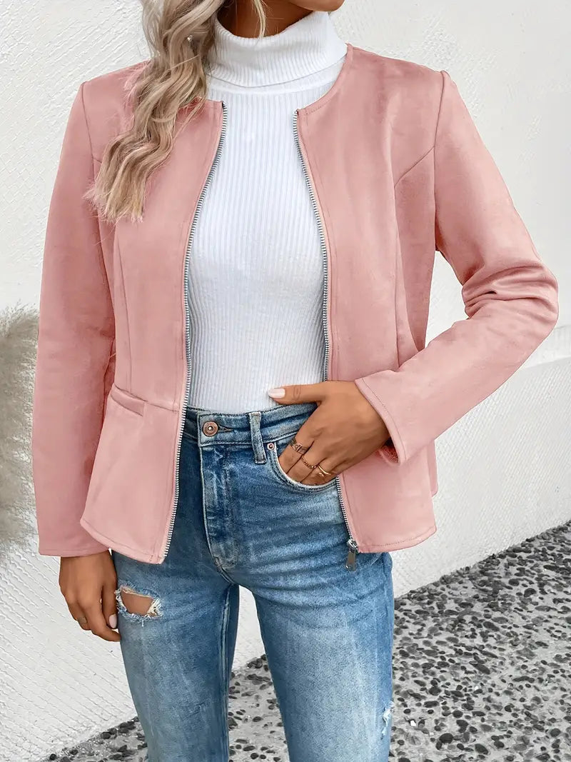 Dame Overgangsjakke Slim Fit Med Lynlås & Crew Neck
