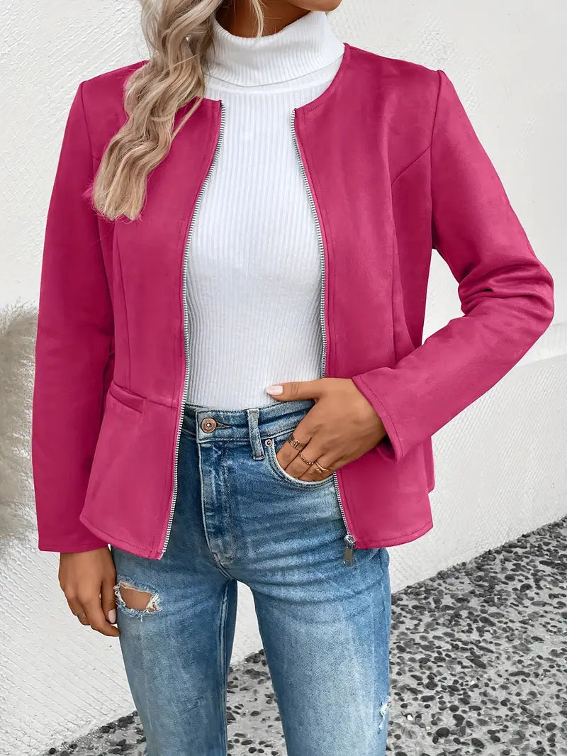 Dame Overgangsjakke Slim Fit Med Lynlås & Crew Neck
