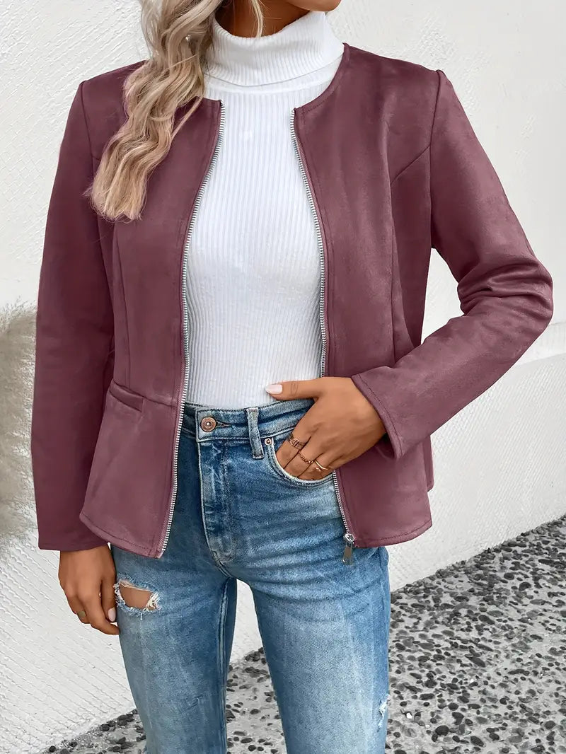 Dame Overgangsjakke Slim Fit Med Lynlås & Crew Neck