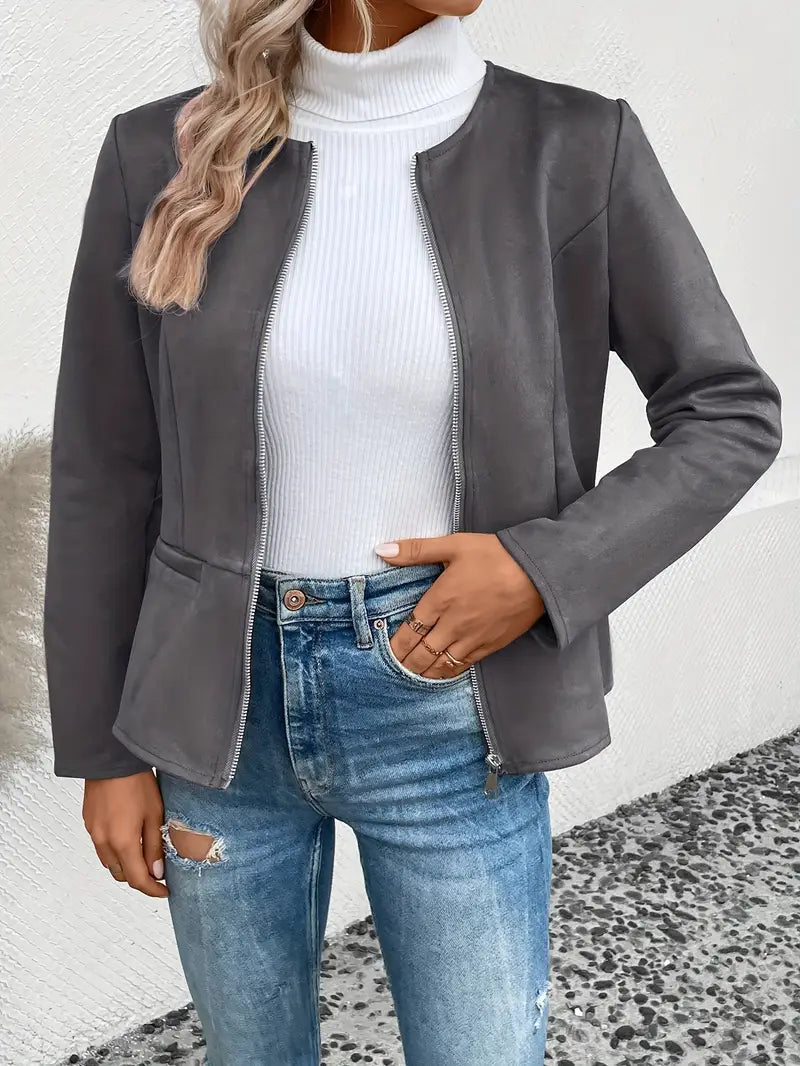 Dame Overgangsjakke Slim Fit Med Lynlås & Crew Neck